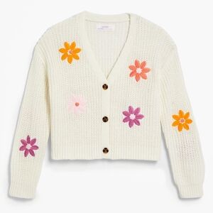 Charming Knit Cardigan with Colorful Floral Accents